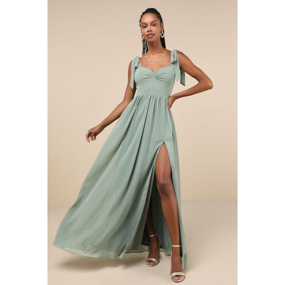 Lulus Radiant Charisma Sage Brush Chiffon Ruched Tie-strap Maxi Dress Green